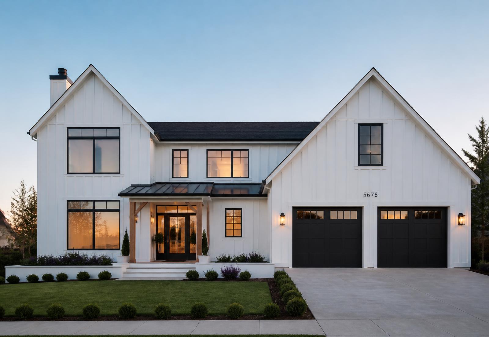 Field-captured exterior elevation of a single-family investment property at golden hour
